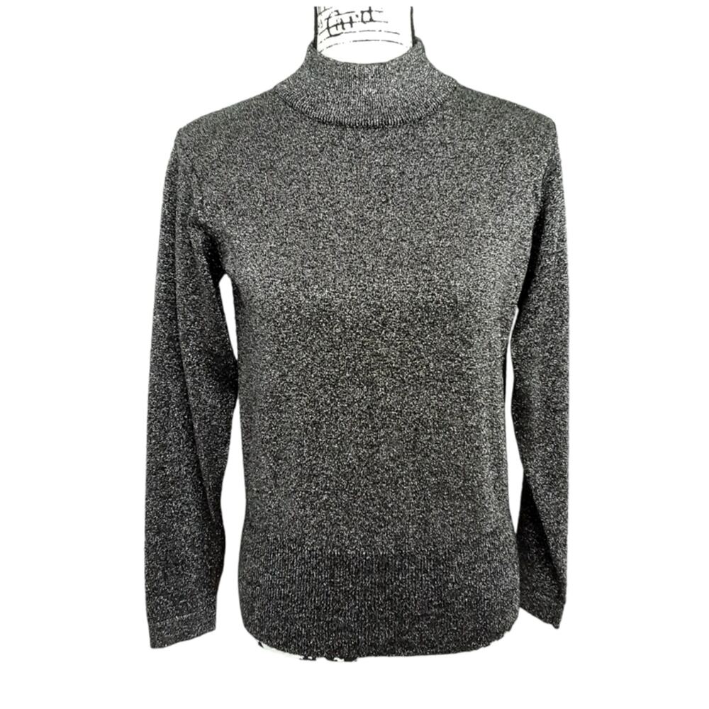 Vintage 90s Mock Neck Sweater Merino Wool Silver Metallic Blend Mock Neck